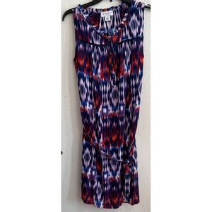 Liz Claiborne Petite Medium Blue Red Ikat Print Sleeveless Rayon Tie Waist Dress